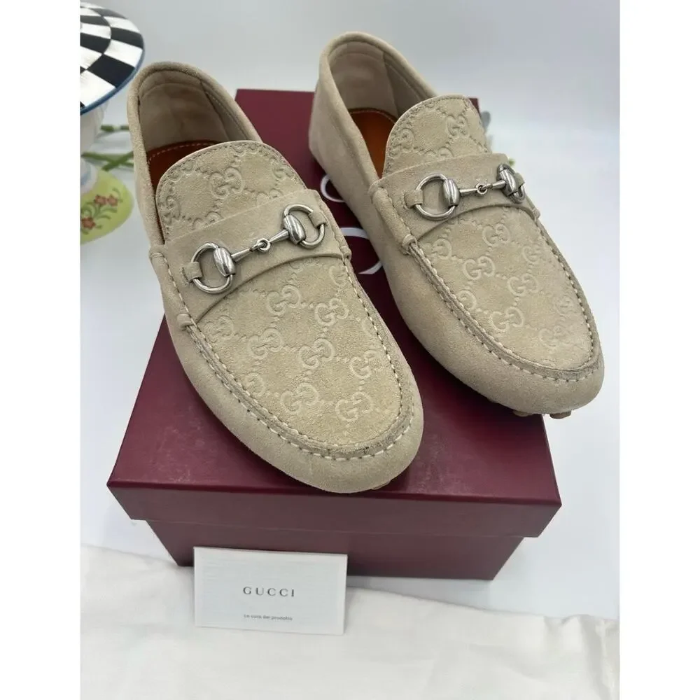 Men's Gucci suede oatmeal GG embossed driver loafers size 8 fits 8.5 US